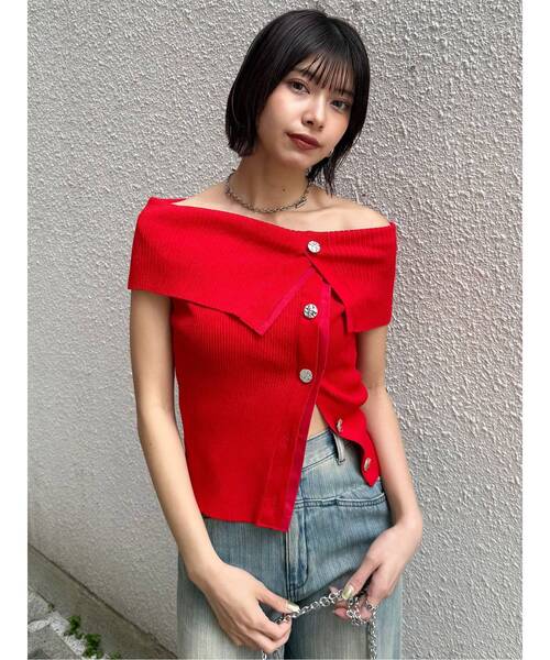 MURUA（ムルーア）の「レイヤードライクオフショルダーニット（ニット/セーター・レディース・グレー/アイボリー/レッド・FREE）」の18枚目の写真