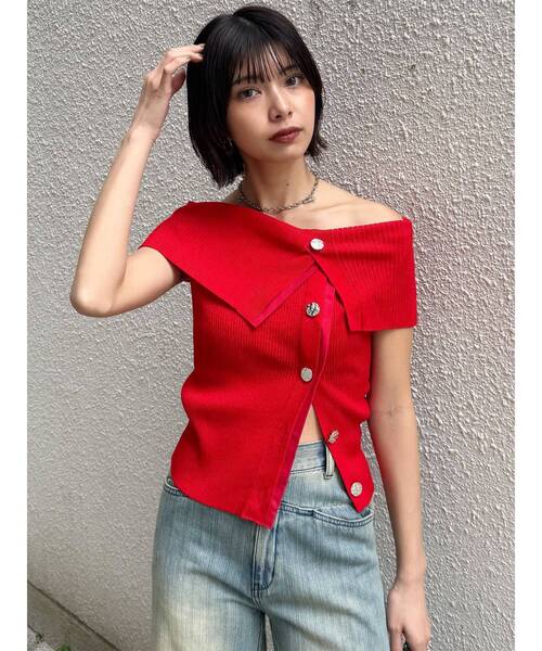 MURUA（ムルーア）の「レイヤードライクオフショルダーニット（ニット/セーター・レディース・グレー/アイボリー/レッド・FREE）」の19枚目の写真