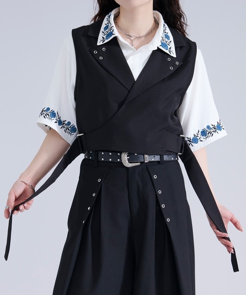 Ellno Loset(エルノロゼット)の「ハトメデザインダブルベルトジレ/SETUP対応(ベスト・メンズ・ブラック/グレー・MEDIUM/SMALL/LARGE)」の10枚目の写真