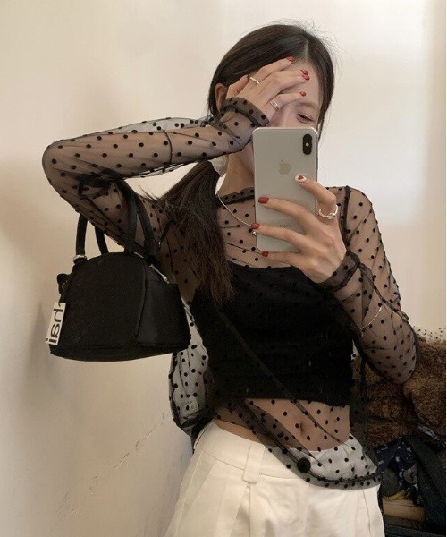 gossip!ロサンゼルス(ゴシップロサンゼルス)の「Y2K tシャツ シアードット柄長袖Tシャツ レディース(Tシャツ/カットソー・レディース・ブラック・M)」の3枚目の写真