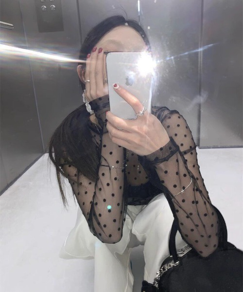gossip!ロサンゼルス(ゴシップロサンゼルス)の「Y2K tシャツ シアードット柄長袖Tシャツ レディース(Tシャツ/カットソー・レディース・ブラック・M)」の6枚目の写真