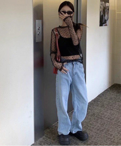 gossip!ロサンゼルス(ゴシップロサンゼルス)の「Y2K tシャツ シアードット柄長袖Tシャツ レディース(Tシャツ/カットソー・レディース・ブラック・M)」の7枚目の写真