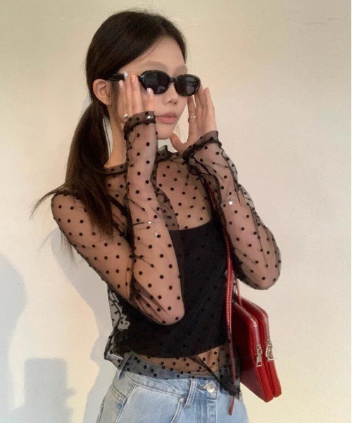 gossip!ロサンゼルス(ゴシップロサンゼルス)の「Y2K tシャツ シアードット柄長袖Tシャツ レディース(Tシャツ/カットソー・レディース・ブラック・M)」の9枚目の写真
