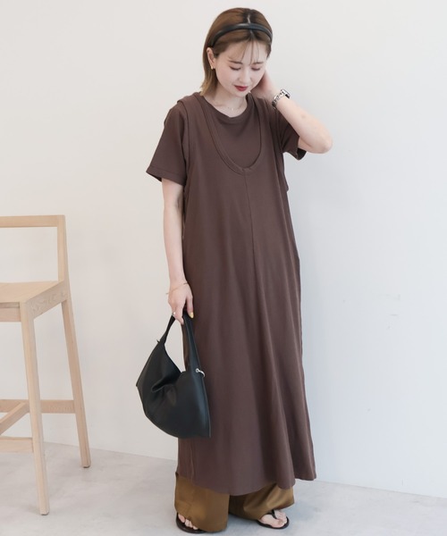 AMERICAN HOLIC(アメリカンホリック)の「【2点セット】Tシャツ+Uネックワンピース(ワンピース・レディース・ブラック/ブラウン/グリーン・L/M)」の1枚目の写真
