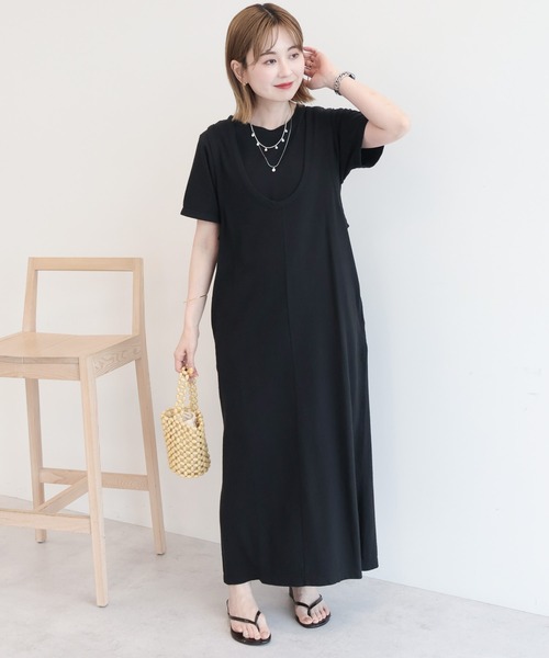AMERICAN HOLIC(アメリカンホリック)の「【2点セット】Tシャツ+Uネックワンピース(ワンピース・レディース・ブラック/ブラウン/グリーン・L/M)」の2枚目の写真