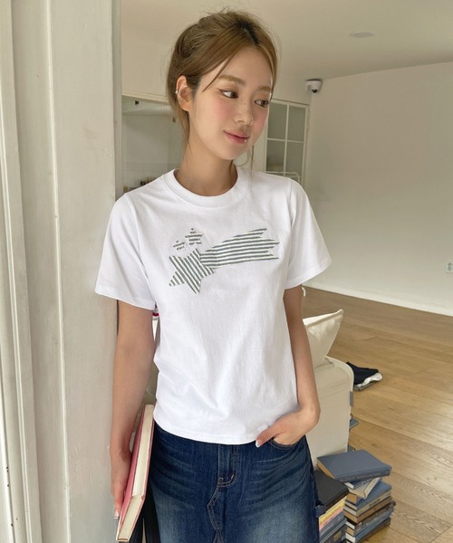 UNE MANSION(ユヌマンション)の「ストライプスターワッペンラウンドネック半袖Tシャツカットソー(Tシャツ/カットソー・レディース・ネイビー/チャコールグレー/ホワイト・FREE)」の6枚目の写真