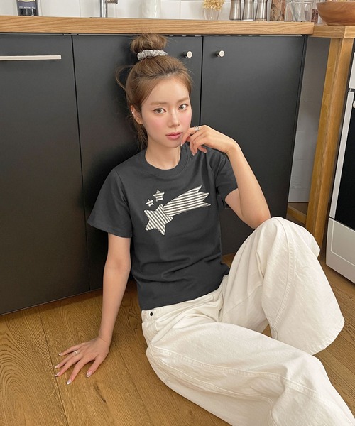 UNE MANSION(ユヌマンション)の「ストライプスターワッペンラウンドネック半袖Tシャツカットソー(Tシャツ/カットソー・レディース・ネイビー/チャコールグレー/ホワイト・FREE)」の10枚目の写真