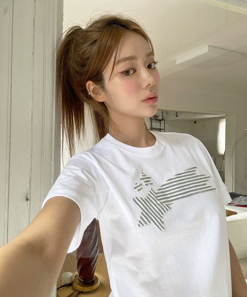 UNE MANSION(ユヌマンション)の「ストライプスターワッペンラウンドネック半袖Tシャツカットソー(Tシャツ/カットソー・レディース・ネイビー/チャコールグレー/ホワイト・FREE)」の9枚目の写真