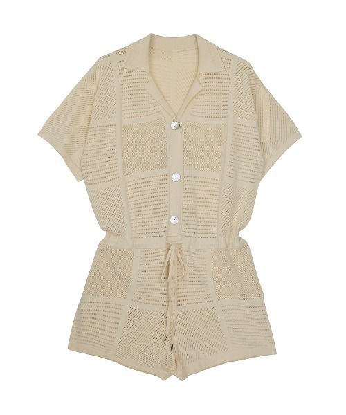 Ameri(アメリ)の「MEDI MESH PATCHWORK KNIT ROMPERS(つなぎ/オールインワン・レディース・アイボリー/グレー・MEDIUM/SMALL)」の1枚目の写真