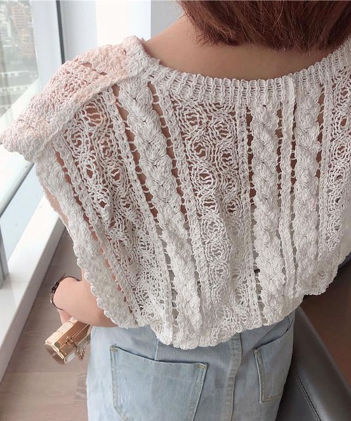 ammy.（エイミードット）の「【 ammy. / エイミードット 】 フラワー クロシェ フレンチスリーブ ニット（ベスト・レディース・ホワイト/ナチュラル・FREE）」の8枚目の写真