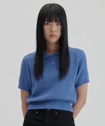 ラグランハーフスリーブカラークロップニット_MELANGE BLUE