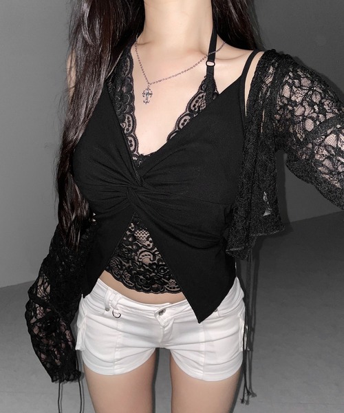 me+em select（ミームセレクト）の「【 ３color】レースレイヤードクロスデザインキャミソール ／ lace layered cross design camisole（キャミソール・レディース・ブラック/ホワイト/ピンク・FREE）」の18枚目の写真