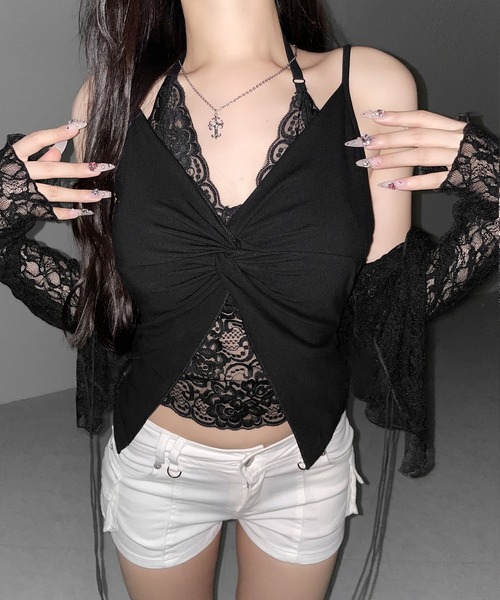 me+em select（ミームセレクト）の「【 ３color】レースレイヤードクロスデザインキャミソール ／ lace layered cross design camisole（キャミソール・レディース・ブラック/ホワイト/ピンク・FREE）」の19枚目の写真
