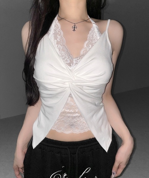 me+em select（ミームセレクト）の「【 ３color】レースレイヤードクロスデザインキャミソール ／ lace layered cross design camisole（キャミソール・レディース・ブラック/ホワイト/ピンク・FREE）」の21枚目の写真