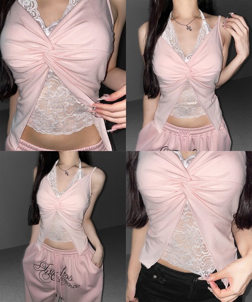 me+em select（ミームセレクト）の「【 ３color】レースレイヤードクロスデザインキャミソール ／ lace layered cross design camisole（キャミソール・レディース・ブラック/ホワイト/ピンク・FREE）」の8枚目の写真