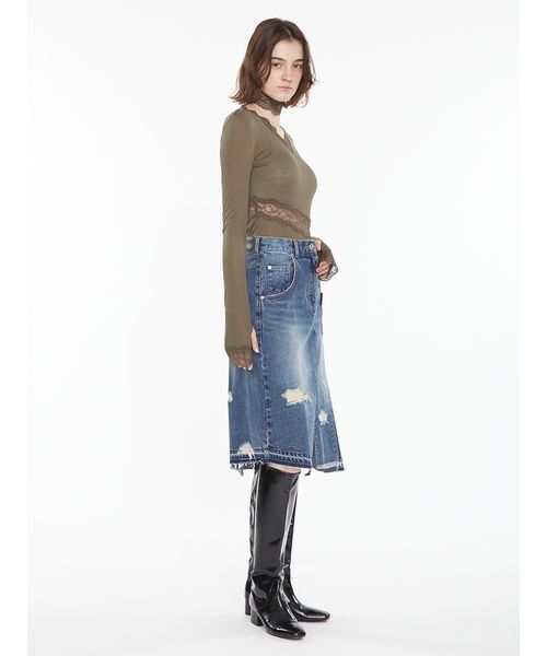 SORIN(ソリン )の「Asymmetric Denim Skirt / アシメトリックデニムスカート(スカート・レディース・インディゴブルー/ブラウン・36/38)」の4枚目の写真