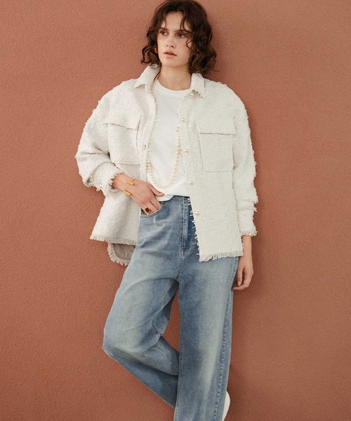 ELFRANK(エルフランク)の「【2026AW】【M~Lサイズ展開】リボンツイードシャツジャケット《着用動画あり》(テーラードジャケット・レディース・オフホワイト/ブラック・M/L)」の1枚目の写真