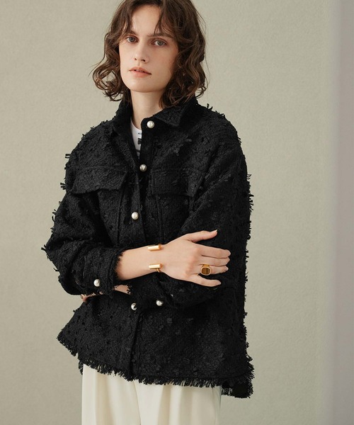 ELFRANK(エルフランク)の「【2026AW】【M~Lサイズ展開】リボンツイードシャツジャケット《着用動画あり》(テーラードジャケット・レディース・オフホワイト/ブラック・M/L)」の2枚目の写真