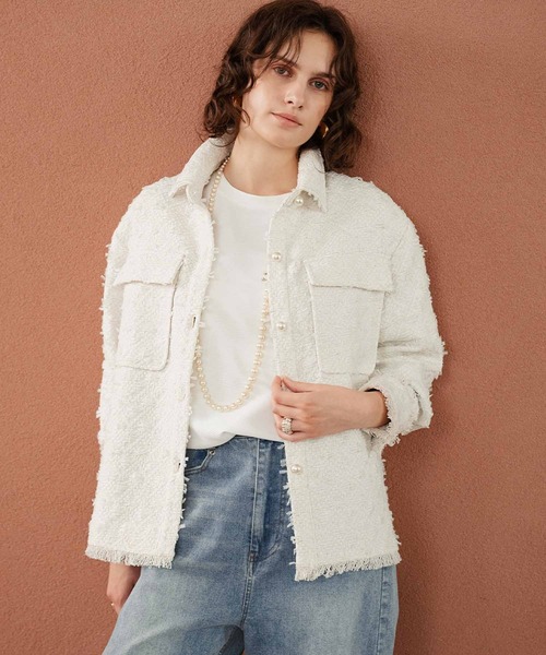 ELFRANK(エルフランク)の「【2026AW】【M~Lサイズ展開】リボンツイードシャツジャケット《着用動画あり》(テーラードジャケット・レディース・オフホワイト/ブラック・M/L)」の5枚目の写真