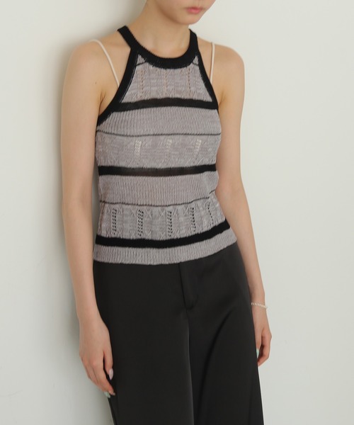 cheriella(シェリエラ)の「【cheriella】透かしボーダーアメスリニット SHEER BORDER AMERICAN SLEEVE KNIT(キャミソール・レディース・ベージュ/グレー・FREE)」の2枚目の写真