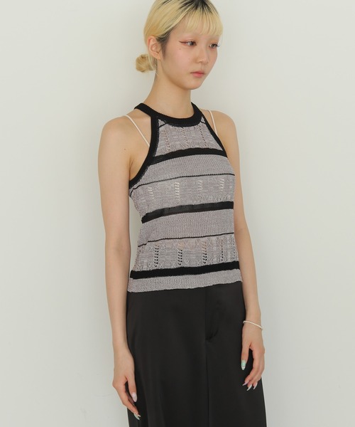 cheriella(シェリエラ)の「【cheriella】透かしボーダーアメスリニット SHEER BORDER AMERICAN SLEEVE KNIT(キャミソール・レディース・ベージュ/グレー・FREE)」の7枚目の写真
