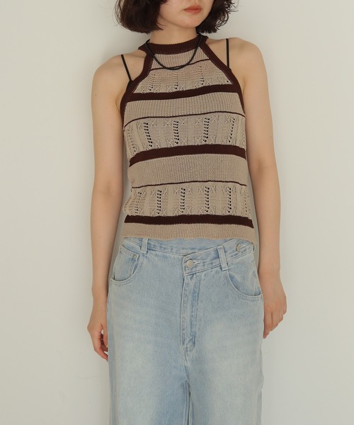 cheriella(シェリエラ)の「【cheriella】透かしボーダーアメスリニット SHEER BORDER AMERICAN SLEEVE KNIT(キャミソール・レディース・ベージュ/グレー・FREE)」の19枚目の写真