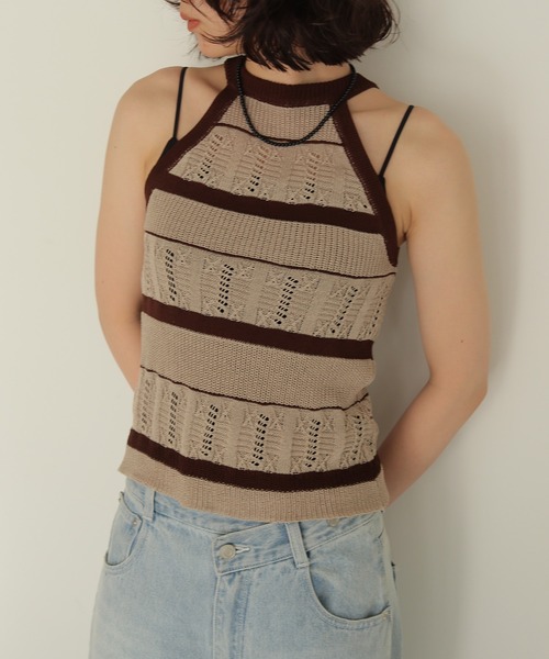 cheriella(シェリエラ)の「【cheriella】透かしボーダーアメスリニット SHEER BORDER AMERICAN SLEEVE KNIT(キャミソール・レディース・ベージュ/グレー・FREE)」の15枚目の写真