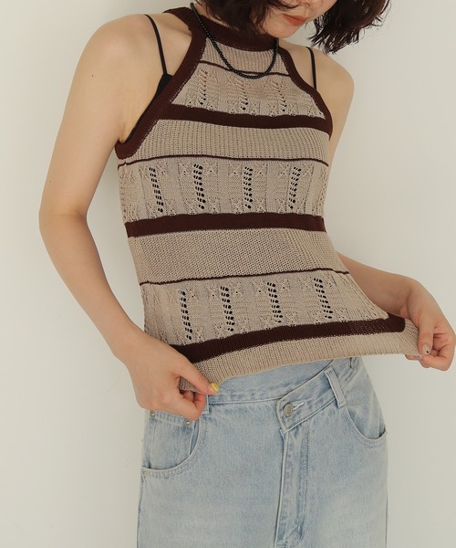 cheriella(シェリエラ)の「【cheriella】透かしボーダーアメスリニット SHEER BORDER AMERICAN SLEEVE KNIT(キャミソール・レディース・ベージュ/グレー・FREE)」の14枚目の写真