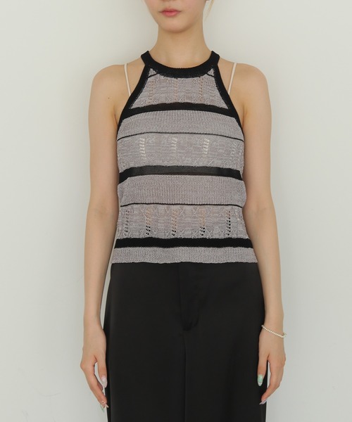cheriella(シェリエラ)の「【cheriella】透かしボーダーアメスリニット SHEER BORDER AMERICAN SLEEVE KNIT(キャミソール・レディース・ベージュ/グレー・FREE)」の6枚目の写真