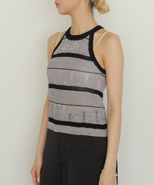 cheriella(シェリエラ)の「【cheriella】透かしボーダーアメスリニット SHEER BORDER AMERICAN SLEEVE KNIT(キャミソール・レディース・ベージュ/グレー・FREE)」の8枚目の写真