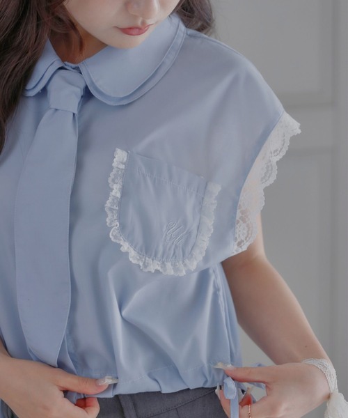 umm.clair(ウムクレール)の「No sleeve bow tie shirt(シャツ/ブラウス・レディース・ライトブルー/オフホワイト・FREE)」の6枚目の写真