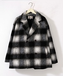 Revo. ウールライク シャギーチェック ダブル ミドルコート / チェック柄 ショート丈 オーバーサイズ