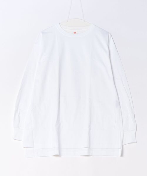 HANES(ヘインズ)の「【HANES/ヘインズ】【ヘビーウェイト(肉厚)のコットン100%生地を使用】1P BEEFY-T for HER ボリュームスリーブTシャツ 長袖 無地 シンプル タフ サイドスリット 華奢見え タグレス仕様(Tシャツ/カットソー・レディース・ブラック/ホワイト/ピンク・FREE)」の1枚目の写真