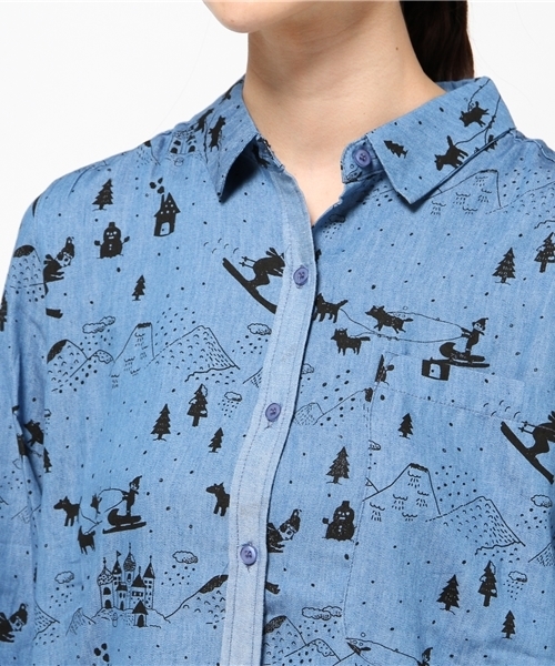 rovtski（ロフトスキー）の「スキー柄ワンピースシャツ（シャツワンピース・レディース・ブルー・FREE）」の6枚目の写真