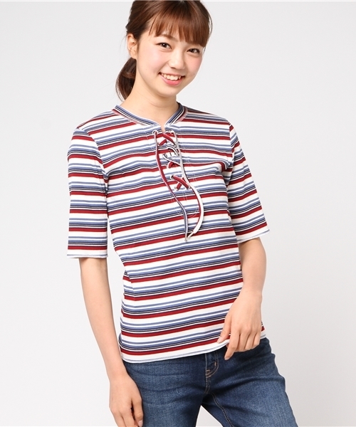 mysty woman(ミスティウーマン)の「スパンリブムジ&ボーダーレースアップTシャツ(Tシャツ/カットソー・レディース・ブラック/イエロー系その他/ブルー系その他/オフホワイト/ダークグリーン/ダークオレンジ・FREE)」の4枚目の写真