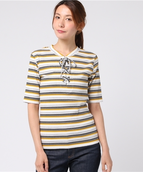 mysty woman(ミスティウーマン)の「スパンリブムジ&ボーダーレースアップTシャツ(Tシャツ/カットソー・レディース・ブラック/イエロー系その他/ブルー系その他/オフホワイト/ダークグリーン/ダークオレンジ・FREE)」の5枚目の写真