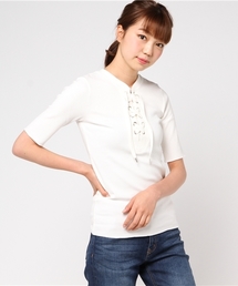 mysty woman | スパンリブムジ＆ボーダーレースアップTシャツ(Tシャツ/カットソー)