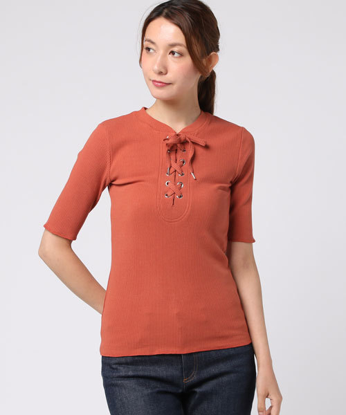 mysty woman(ミスティウーマン)の「スパンリブムジ&ボーダーレースアップTシャツ(Tシャツ/カットソー・レディース・ブラック/イエロー系その他/ブルー系その他/オフホワイト/ダークグリーン/ダークオレンジ・FREE)」の6枚目の写真