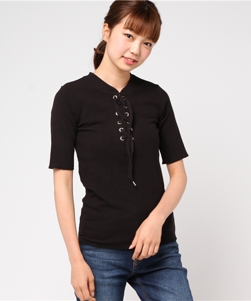 mysty woman(ミスティウーマン)の「スパンリブムジ&ボーダーレースアップTシャツ(Tシャツ/カットソー・レディース・ブラック/イエロー系その他/ブルー系その他/オフホワイト/ダークグリーン/ダークオレンジ・FREE)」の1枚目の写真