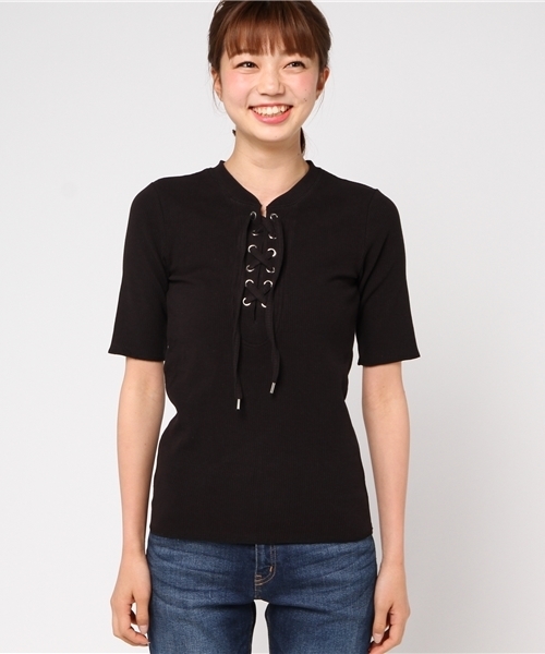 mysty woman(ミスティウーマン)の「スパンリブムジ&ボーダーレースアップTシャツ(Tシャツ/カットソー・レディース・ブラック/イエロー系その他/ブルー系その他/オフホワイト/ダークグリーン/ダークオレンジ・FREE)」の7枚目の写真