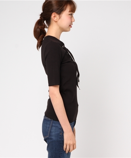 mysty woman(ミスティウーマン)の「スパンリブムジ&ボーダーレースアップTシャツ(Tシャツ/カットソー・レディース・ブラック/イエロー系その他/ブルー系その他/オフホワイト/ダークグリーン/ダークオレンジ・FREE)」の8枚目の写真