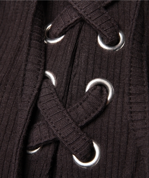 mysty woman(ミスティウーマン)の「スパンリブムジ&ボーダーレースアップTシャツ(Tシャツ/カットソー・レディース・ブラック/イエロー系その他/ブルー系その他/オフホワイト/ダークグリーン/ダークオレンジ・FREE)」の13枚目の写真