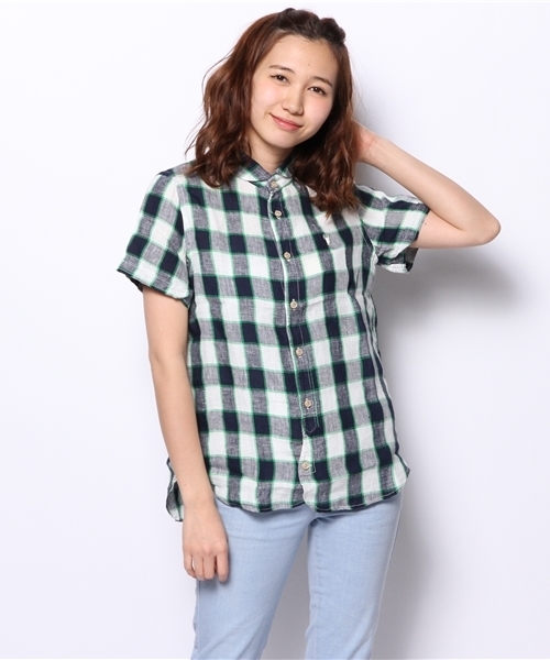 coen（コーエン）の「チェック柄半袖リネンシャツ（シャツ/ブラウス・レディース・ネイビー/コバルトブルー/マスタード/レッド・LARGE/MEDIUM）」の2枚目の写真