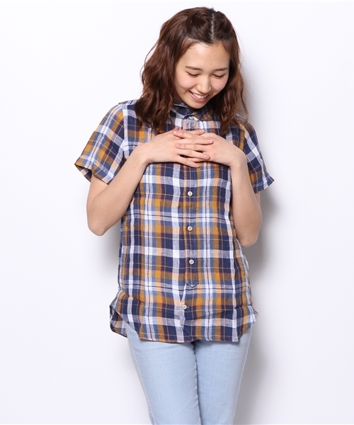 coen（コーエン）の「チェック柄半袖リネンシャツ（シャツ/ブラウス・レディース・ネイビー/コバルトブルー/マスタード/レッド・LARGE/MEDIUM）」の3枚目の写真