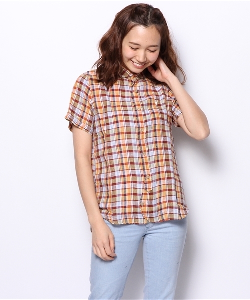 coen（コーエン）の「チェック柄半袖リネンシャツ（シャツ/ブラウス・レディース・ネイビー/コバルトブルー/マスタード/レッド・LARGE/MEDIUM）」の4枚目の写真