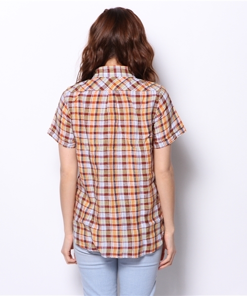 coen（コーエン）の「チェック柄半袖リネンシャツ（シャツ/ブラウス・レディース・ネイビー/コバルトブルー/マスタード/レッド・LARGE/MEDIUM）」の6枚目の写真