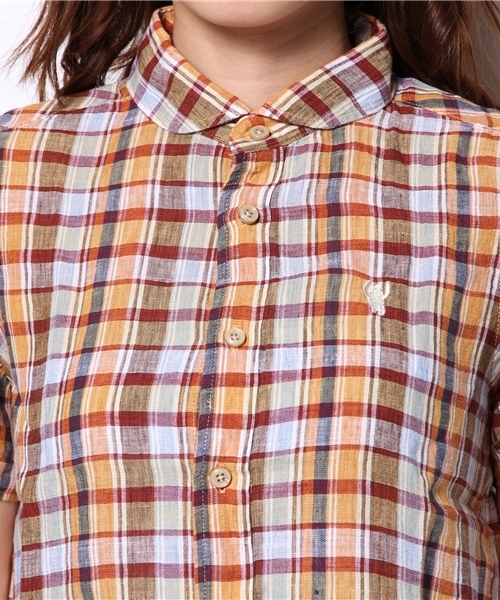 coen（コーエン）の「チェック柄半袖リネンシャツ（シャツ/ブラウス・レディース・ネイビー/コバルトブルー/マスタード/レッド・LARGE/MEDIUM）」の7枚目の写真