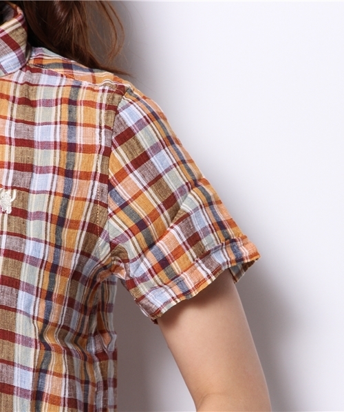 coen（コーエン）の「チェック柄半袖リネンシャツ（シャツ/ブラウス・レディース・ネイビー/コバルトブルー/マスタード/レッド・LARGE/MEDIUM）」の8枚目の写真