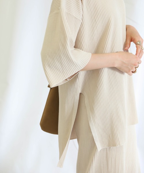 select MOCA（セレクトモカ）の「リブサイド編みセットアップ/ラウンドネックリブトップス＆ウエストゴムワイドパンツ（セットアップ・レディース・ブラック/ライトグリーン/アイボリー・FREE）」の7枚目の写真