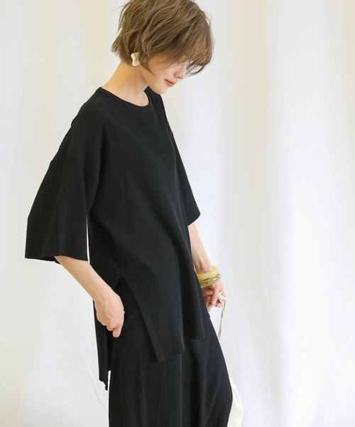 select MOCA（セレクトモカ）の「リブサイド編みセットアップ/ラウンドネックリブトップス＆ウエストゴムワイドパンツ（セットアップ・レディース・ブラック/ライトグリーン/アイボリー・FREE）」の10枚目の写真